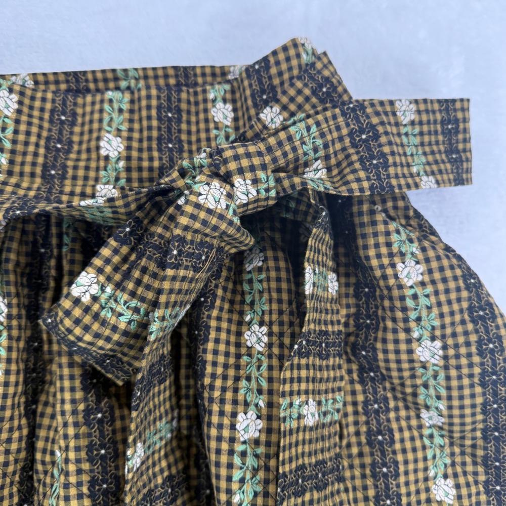 Loeffler Randall XL Skirt Quilted Gingham Floral Stripe Brown Yellow Midi Tie - Picture 7 of 14